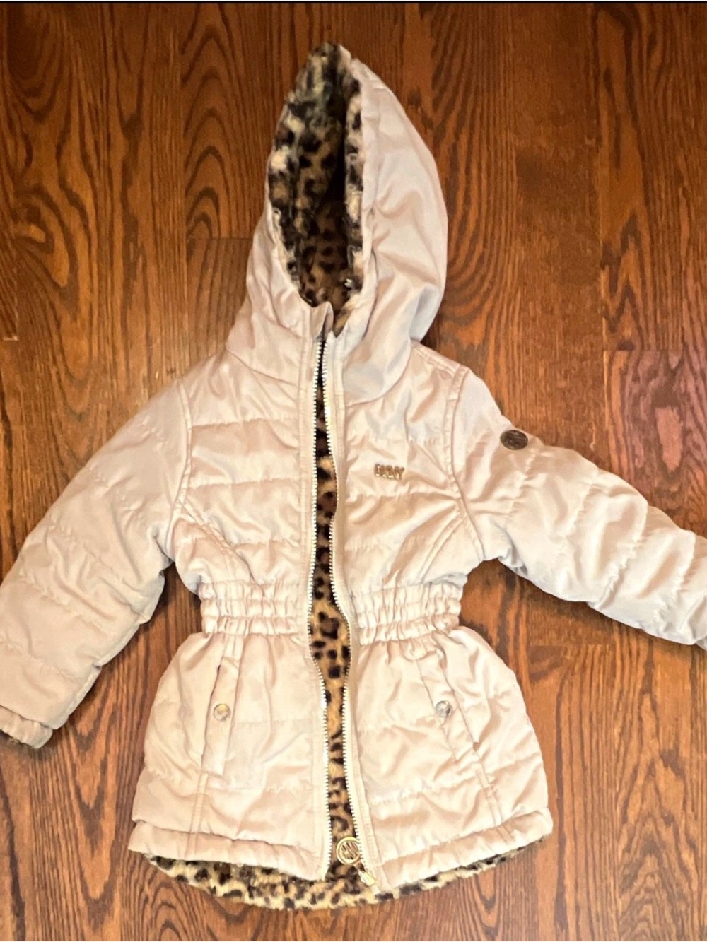 DKNY Girls Hooded Puffer Jacket 2T Faux Fur Leopard Lined Full Zip Winter